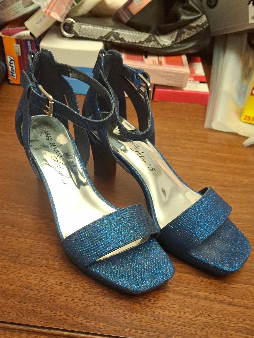 Easy Street Blue Glitter Block Heel Sandals 6W